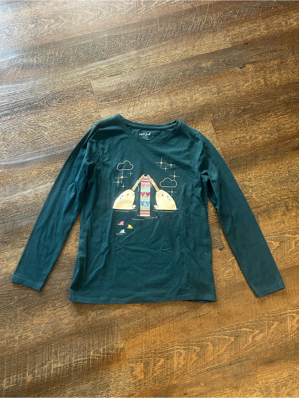 Cat & Jack Teal Long Sleeve Tee with Colorful Whale Print